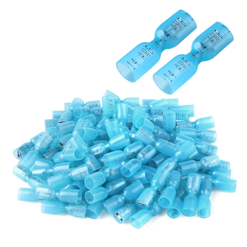 VAMRONE 100 PCS 16-14 AWG Waterproof Heat Shrink Quick Disconnect Connectors, Crimp Electrical Wire Female Spade Connectors Insulated Disconnect for Marine Automotive Motorcycle Home Wiring (Blue) - Image 1